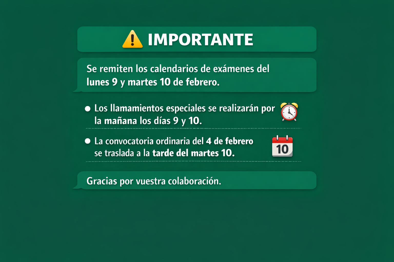 Calendario de Exámenes 9 y 10 de febrero